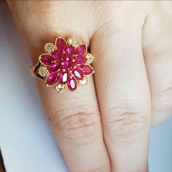 New 18K Gold Plated Ruby Diamond Flower Ring for Women - Picture 8 of 9